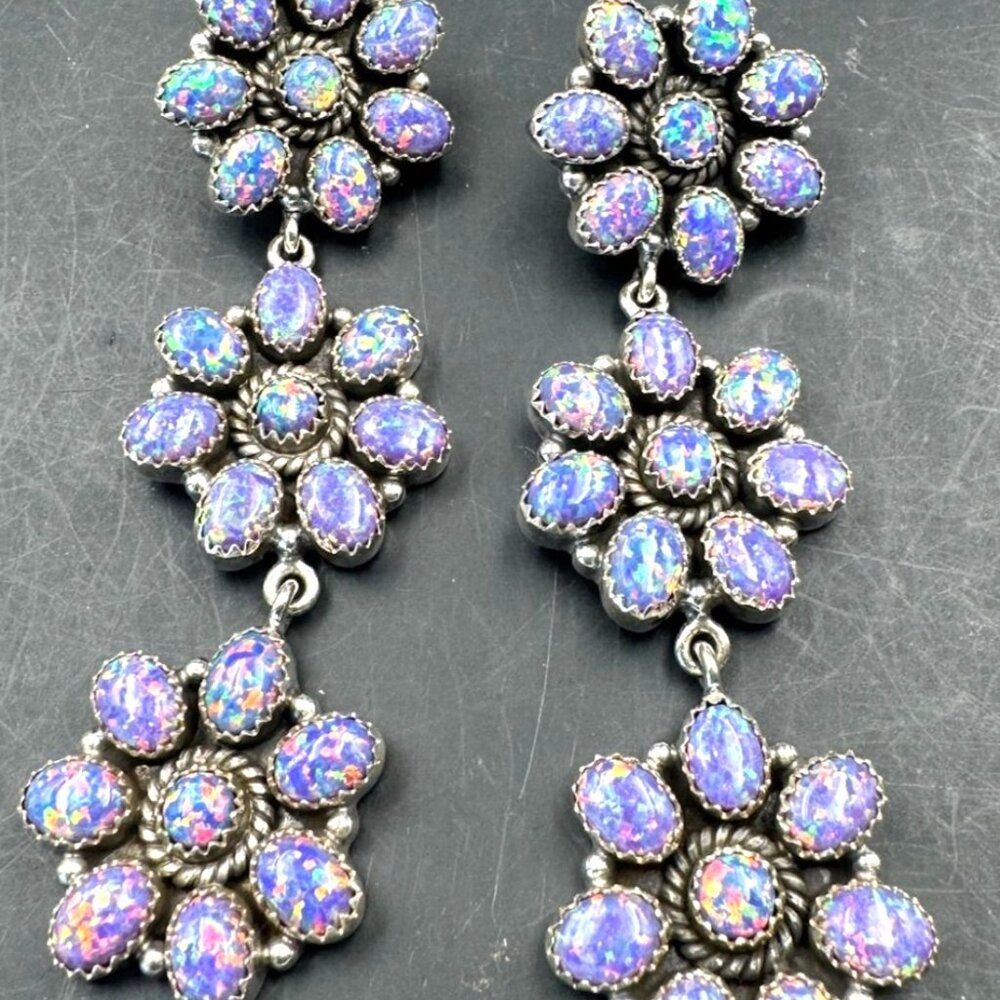 Lab Created Opal Iridescent Triple Floral Multi Stone Sterling Dangle Earrings - Picture 3 of 11